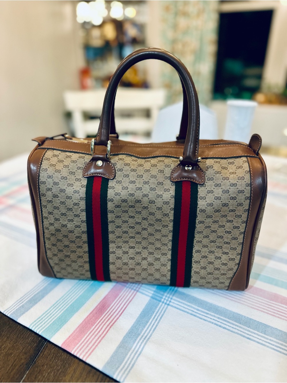 Gucci Brown Leather Trim GG Canvas Duffel with Green and Red Web Stripe